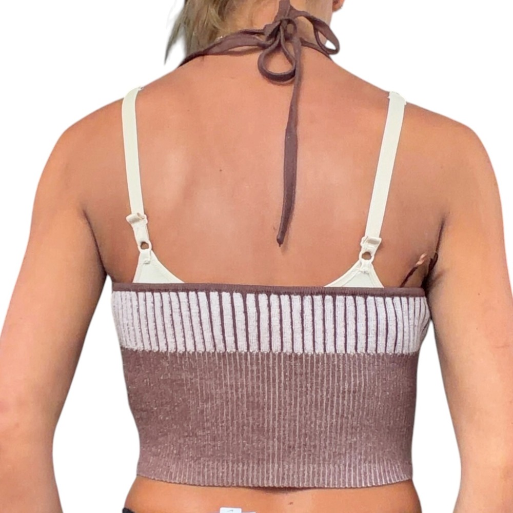 LA Hearts Women S Brown Tan Colorblock Ribbed Knit Halter Crop Top Boho Festival - Picture 4 of 12